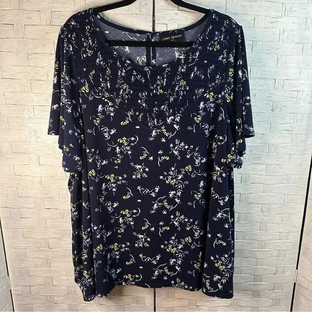 Lane Bryant smocked navy yellow blouse floral casualbohemian feminine plus size